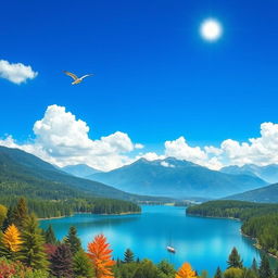 A vibrant and colorful landscape featuring a serene lake surrounded by lush forests and mountains in the background