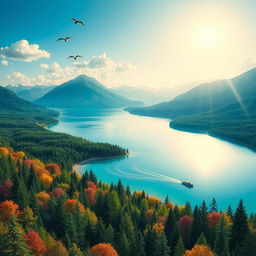 A vibrant and colorful landscape featuring a serene lake surrounded by lush forests and mountains in the background