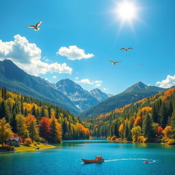 A vibrant and colorful landscape featuring a serene lake surrounded by lush forests and mountains in the background