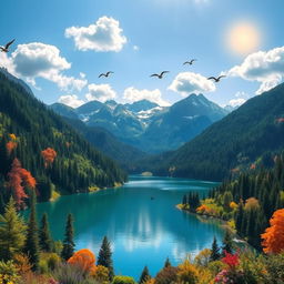 A vibrant and colorful landscape featuring a serene lake surrounded by lush forests and mountains in the background