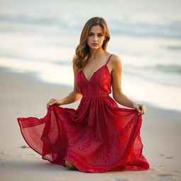 A captivating and elegant young woman kneeling on a sandy beach, wearing a flowing red patterned dress with intricate designs