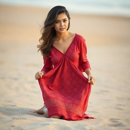 A captivating and elegant young woman kneeling on a sandy beach, wearing a flowing red patterned dress with intricate designs