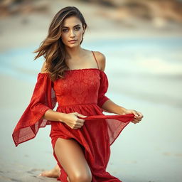 A captivating and elegant young woman kneeling on a sandy beach, wearing a flowing red patterned dress with intricate designs