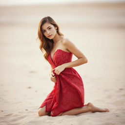 A captivating and elegant young woman kneeling on a sandy beach, wearing a flowing red patterned dress with intricate designs