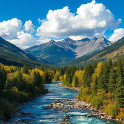 A beautiful landscape with mountains, a river flowing through a forest, and a clear blue sky with fluffy white clouds