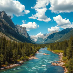 A beautiful landscape with mountains, a river flowing through a forest, and a clear blue sky with fluffy white clouds