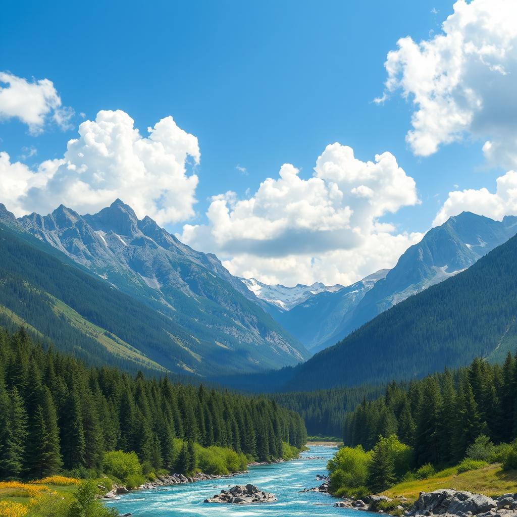 A beautiful landscape with mountains, a river flowing through a forest, and a clear blue sky with fluffy white clouds