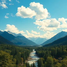 A beautiful landscape with mountains, a river flowing through a forest, and a clear blue sky with fluffy white clouds