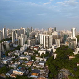 A vibrant panorama of a developed African city, filled with modern skyscrapers, bustling markets, advanced technology, lush parks, and a thriving cultural scene.