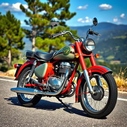 A classic 1950s motorcycle parked on a scenic road