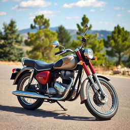 A classic 1950s motorcycle parked on a scenic road