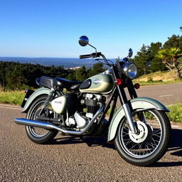 A classic 1950s motorcycle parked on a scenic road