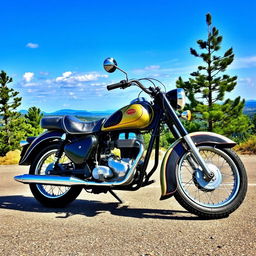 A classic 1950s motorcycle parked on a scenic road