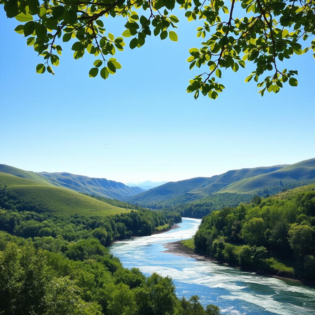 A serene landscape featuring a clear blue sky, rolling green hills, and a sparkling river running through a forest