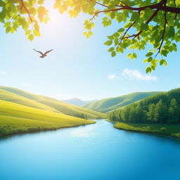 A serene landscape featuring a clear blue sky, rolling green hills, and a sparkling river running through a forest