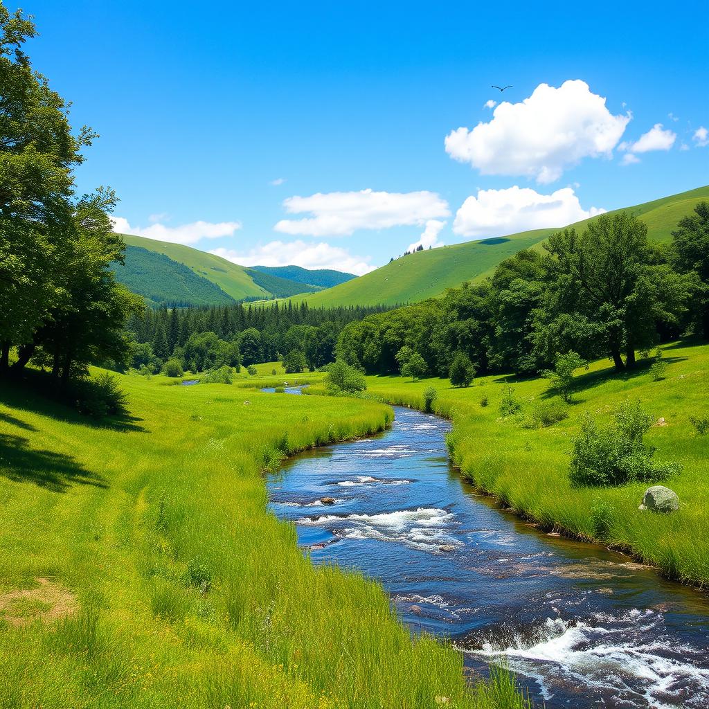 A serene landscape featuring a clear blue sky, rolling green hills, and a sparkling river running through a forest