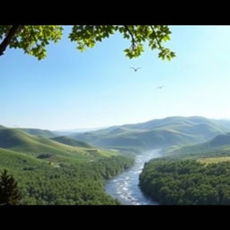 A serene landscape featuring a clear blue sky, rolling green hills, and a sparkling river running through a forest