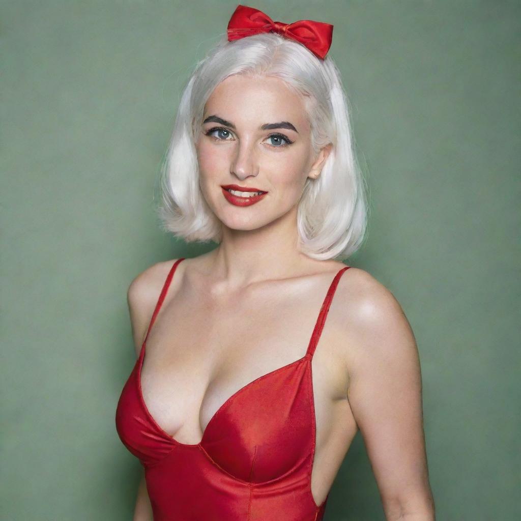 Photograph of a 30-year-old, average-build girl with white hair, posing in a red swimsuit paired with high heels. Her features entail long, square proportional face, dimples in the cheeks, bow lips, large black eyebrows, smooth medium green eyes and swarthy skin