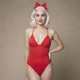 Photograph of a 30-year-old, average-build girl with white hair, posing in a red swimsuit paired with high heels. Her features entail long, square proportional face, dimples in the cheeks, bow lips, large black eyebrows, smooth medium green eyes and swarthy skin