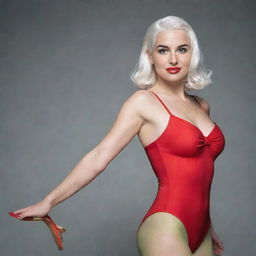 Photograph of a 30-year-old, average-build girl with white hair, posing in a red swimsuit paired with high heels. Her features entail long, square proportional face, dimples in the cheeks, bow lips, large black eyebrows, smooth medium green eyes and swarthy skin