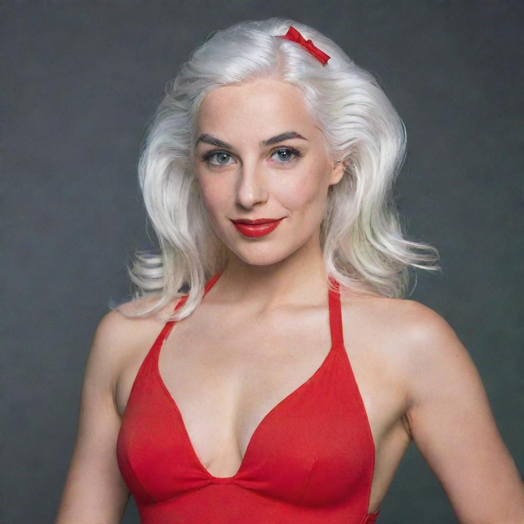 Photograph of a 30-year-old, average-build girl with white hair, posing in a red swimsuit paired with high heels. Her features entail long, square proportional face, dimples in the cheeks, bow lips, large black eyebrows, smooth medium green eyes and swarthy skin