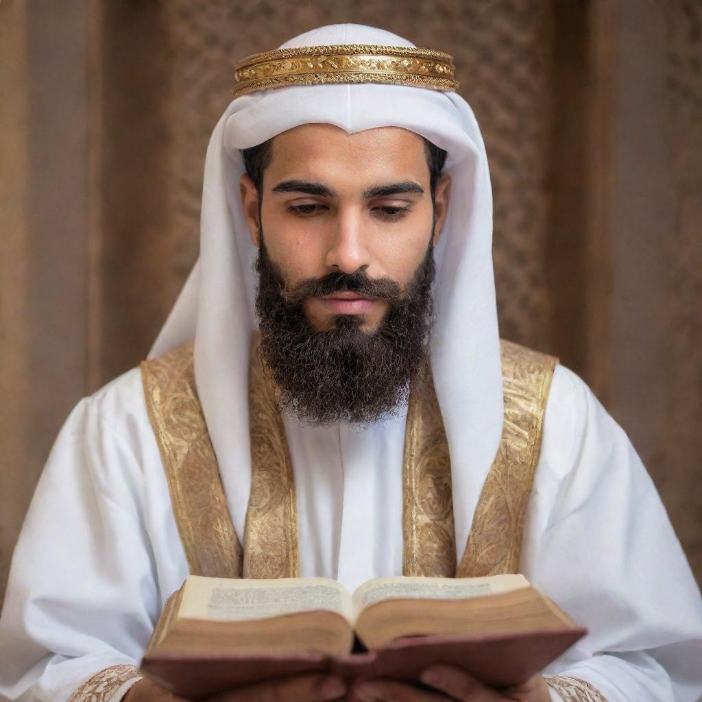 A handsome, bearded Arab youth in traditional attire, immersed in reading a sacred book, embodying wisdom and devotion.