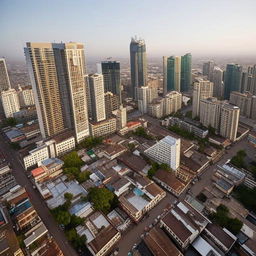 A vibrant panorama of a developed African city, filled with modern skyscrapers, bustling markets, advanced technology, lush parks, and a thriving cultural scene.