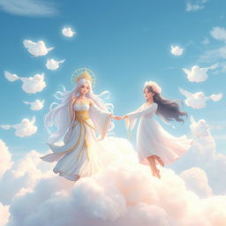 A beautiful and whimsical scene featuring Umi, the goddess of the weather, and Poofy, the goddess of clouds, holding hands