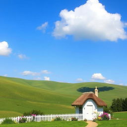 A serene landscape with rolling green hills, a clear blue sky, and a few fluffy white clouds