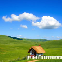 A serene landscape with rolling green hills, a clear blue sky, and a few fluffy white clouds