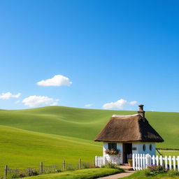 A serene landscape with rolling green hills, a clear blue sky, and a few fluffy white clouds