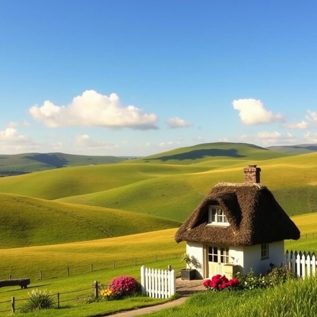 A serene landscape with rolling green hills, a clear blue sky, and a few fluffy white clouds