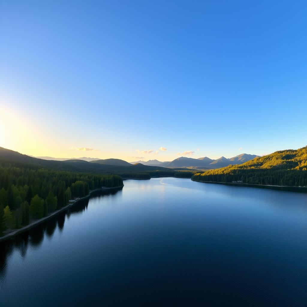 A beautiful landscape featuring a serene lake surrounded by lush green trees and mountains in the background