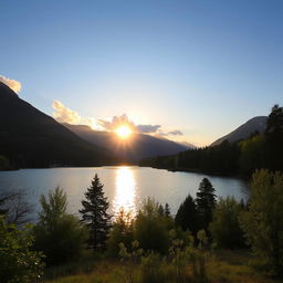 A beautiful landscape featuring a serene lake surrounded by lush green trees and mountains in the background