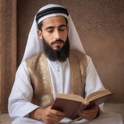 A handsome, bearded Arab youth in traditional attire, immersed in reading a sacred book, embodying wisdom and devotion.