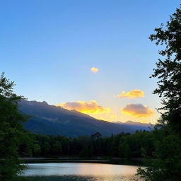 A beautiful landscape featuring a serene lake surrounded by lush green trees and mountains in the background