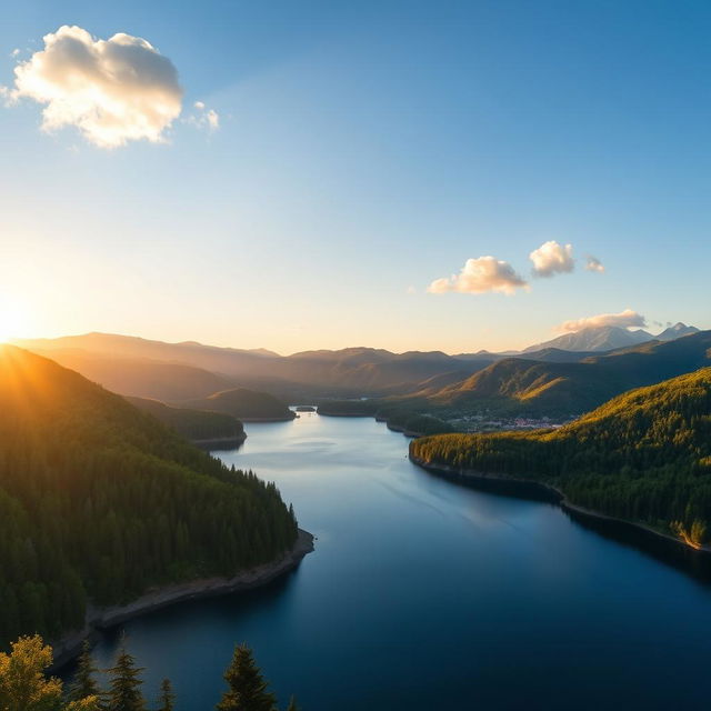 A beautiful landscape featuring a serene lake surrounded by lush green trees and mountains in the background