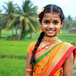 A beautiful Tamil girl wearing traditional attire, standing in a serene village setting with lush green fields and coconut trees in the background