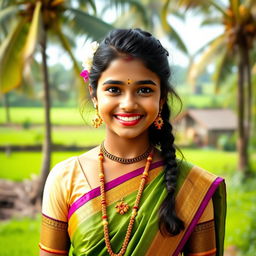 A beautiful Tamil girl wearing traditional attire, standing in a serene village setting with lush green fields and coconut trees in the background