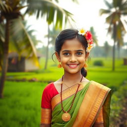 A beautiful Tamil girl wearing traditional attire, standing in a serene village setting with lush green fields and coconut trees in the background