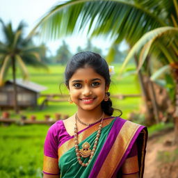 A beautiful Tamil girl wearing traditional attire, standing in a serene village setting with lush green fields and coconut trees in the background