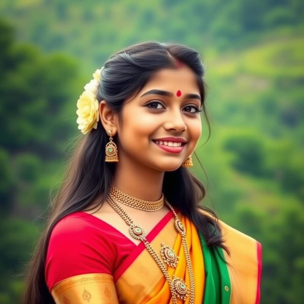 A beautiful Tamil girl wearing traditional attire, with intricate jewelry and a serene smile, standing against a backdrop of a lush green landscape