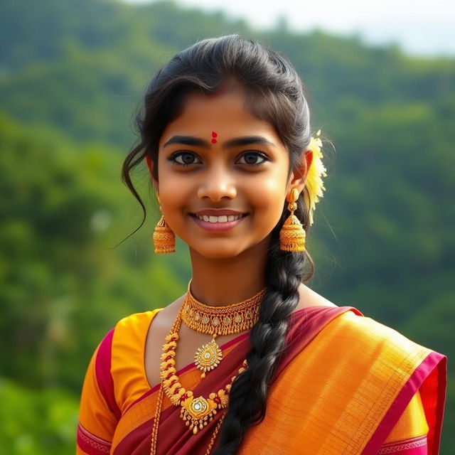 A beautiful Tamil girl wearing traditional attire, with intricate jewelry and a serene smile, standing against a backdrop of a lush green landscape