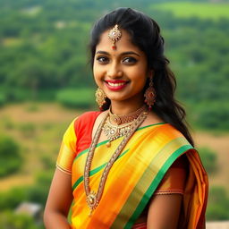 A beautiful Tamil girl wearing traditional attire, with intricate jewelry and a serene smile, standing against a backdrop of a lush green landscape