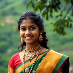 A beautiful Tamil girl wearing traditional attire, with intricate jewelry and a serene smile, standing against a backdrop of a lush green landscape