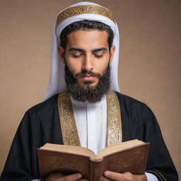 A handsome, bearded Arab youth in traditional attire, immersed in reading a sacred book, embodying wisdom and devotion.