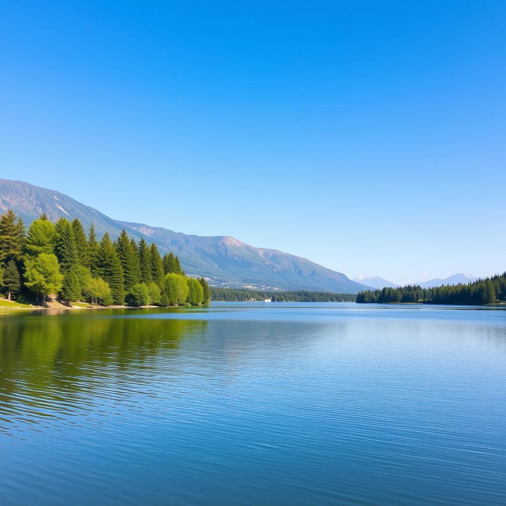 A serene landscape featuring a peaceful lake surrounded by lush green trees and mountains in the background under a clear blue sky