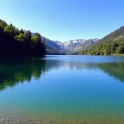 A serene landscape featuring a peaceful lake surrounded by lush green trees and mountains in the background under a clear blue sky