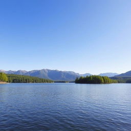 A serene landscape featuring a peaceful lake surrounded by lush green trees and mountains in the background under a clear blue sky