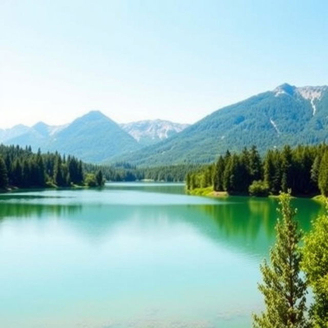 A serene landscape featuring a peaceful lake surrounded by lush green trees and mountains in the background under a clear blue sky